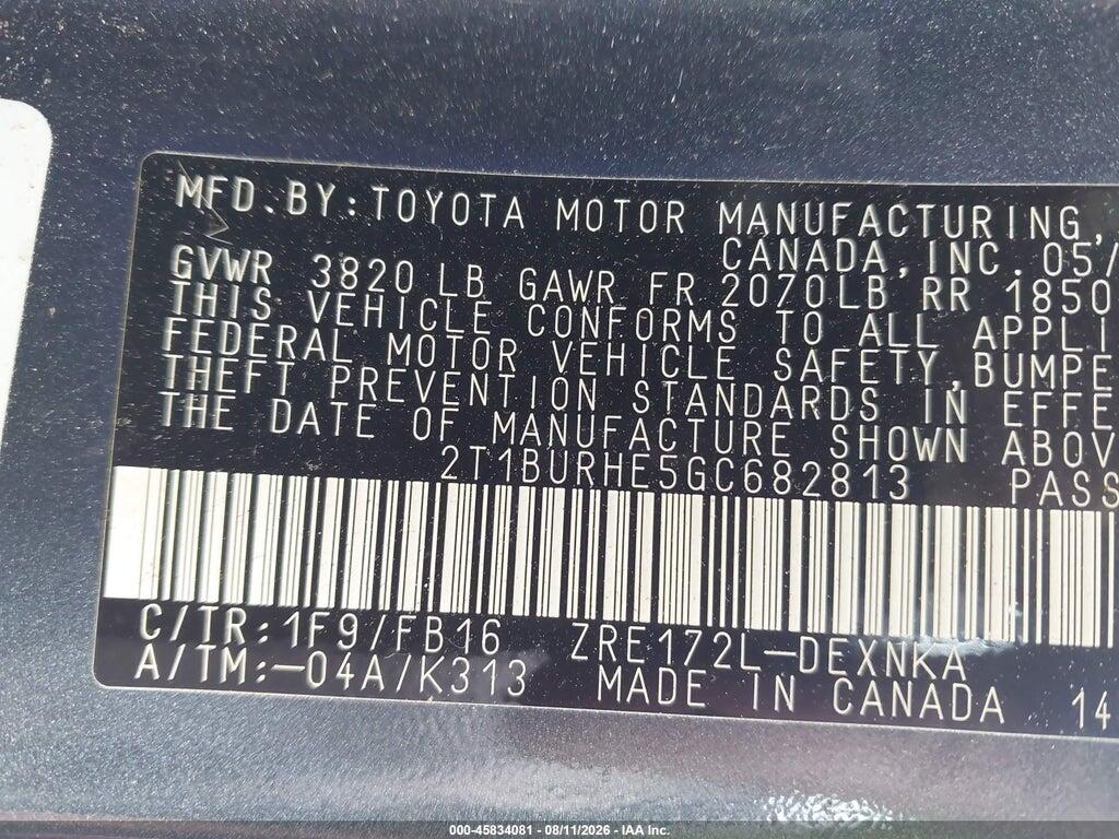 2T1BURHE5GC682813 2016 TOYOTA COROLLA photo no. 9