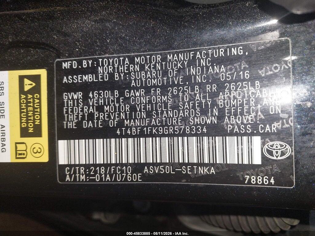 4T4BF1FK9GR578334 2016 TOYOTA CAMRY photo no. 9