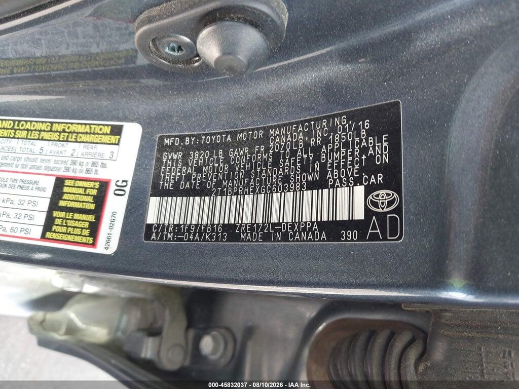 2T1BPRHEXGC603983 2016 TOYOTA COROLLA photo no. 9