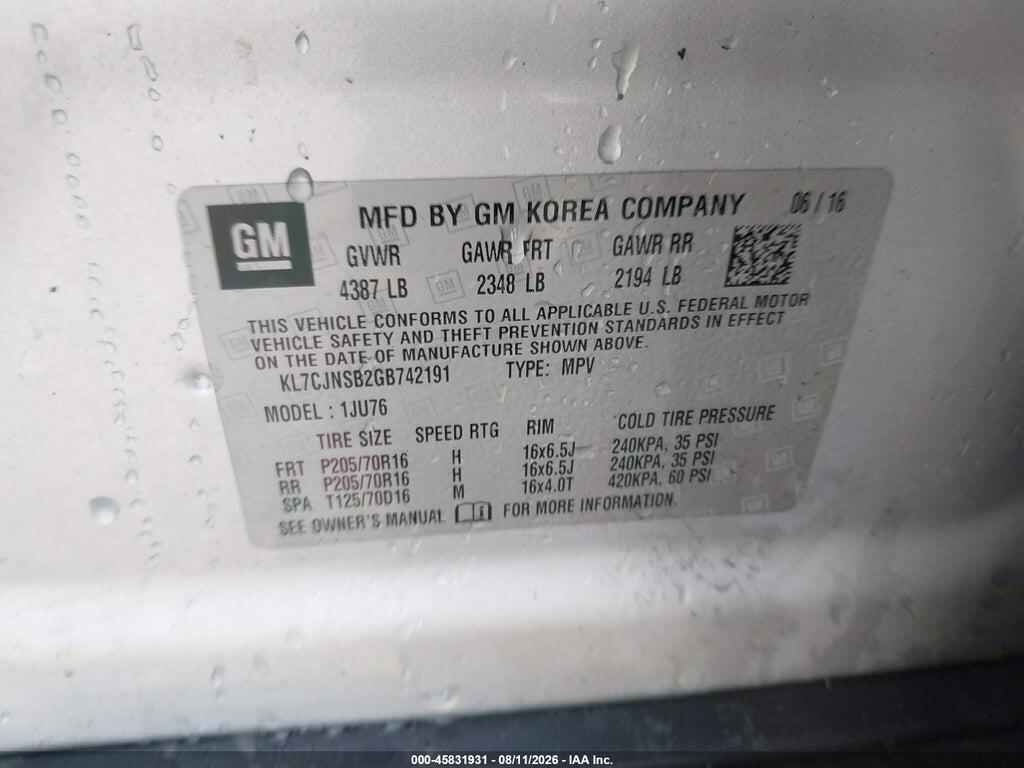 KL7CJNSB2GB742191 2016 CHEVROLET TRAX photo no. 9