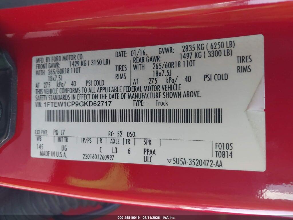 1FTEW1CP9GKD62717 2016 FORD F-150 photo no. 9