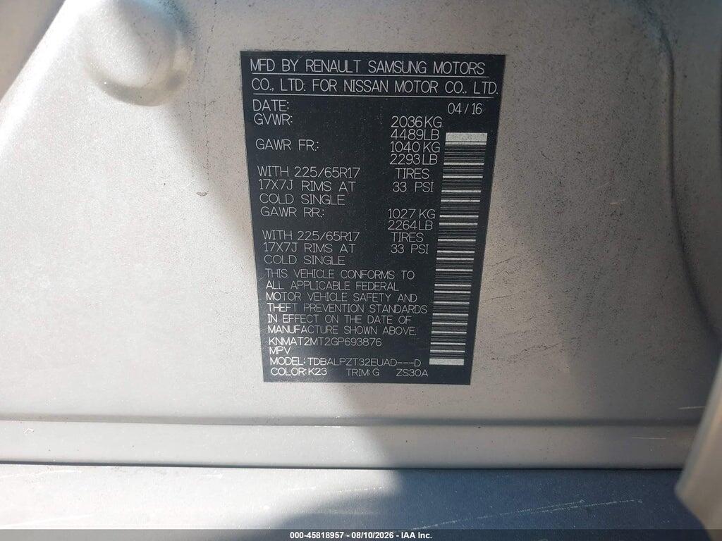 KNMAT2MT2GP693876 2016 NISSAN ROGUE photo no. 9