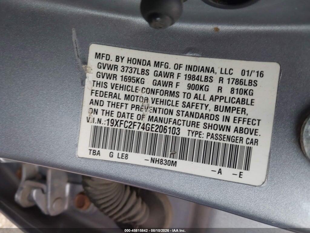 19XFC2F74GE206103 2016 HONDA CIVIC photo no. 9