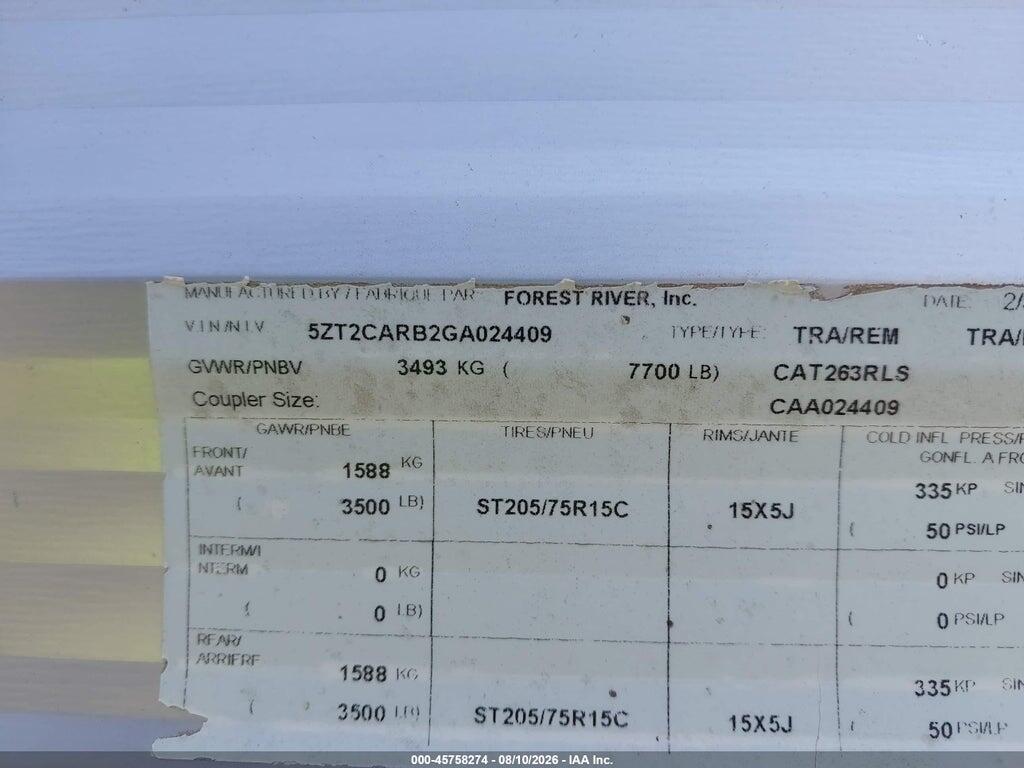 5ZT2CARB2GA024409 2016 CATALINA CAT263RLS photo no. 9