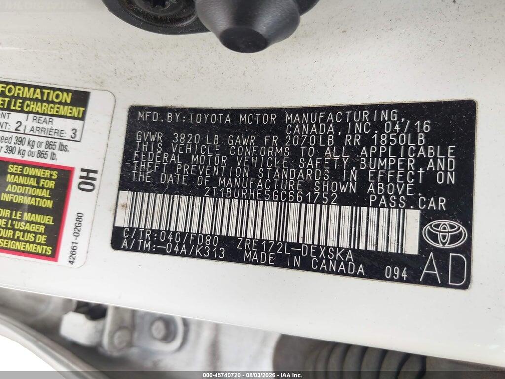 2T1BURHE5GC661752 2016 TOYOTA COROLLA photo no. 9