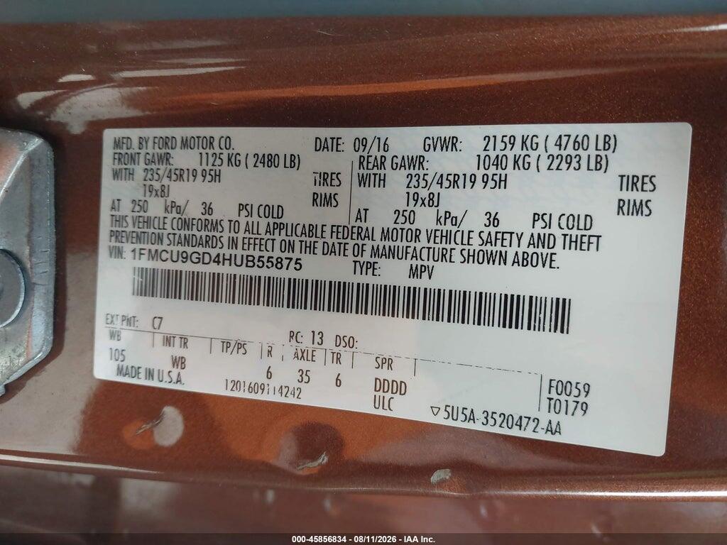 1FMCU9GD4HUB55875 2017 FORD ESCAPE photo no. 9