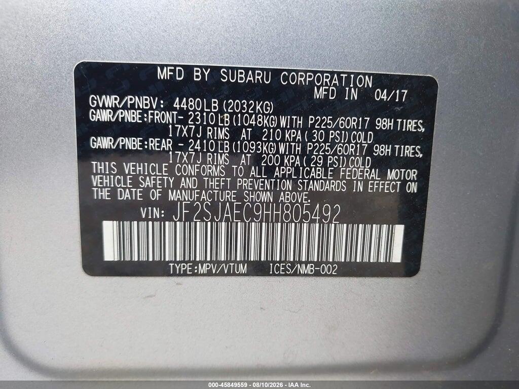 JF2SJAEC9HH805492 2017 SUBARU FORESTER photo no. 9