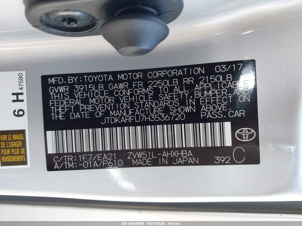 JTDKARFU7H3536720 2017 TOYOTA PRIUS photo no. 9