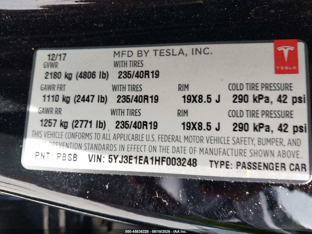 5YJ3E1EA1HF003248 2017 TESLA MODEL 3 photo no. 9