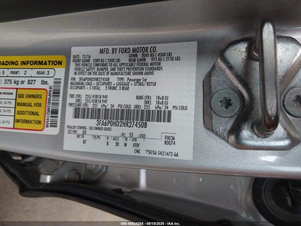 3FA6P0HD2HR274508 2017 FORD FUSION photo no. 9