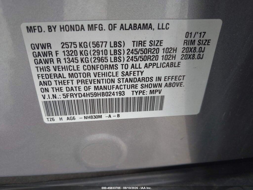 5FRYD4H59HB024193 2017 ACURA MDX photo no. 9
