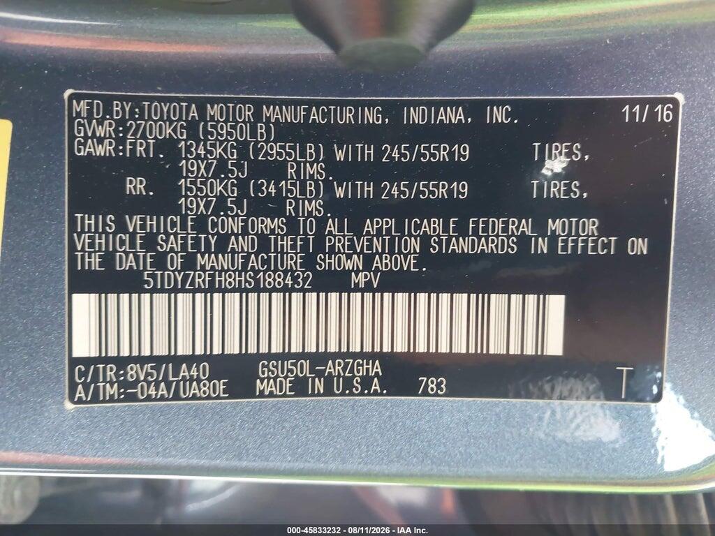 5TDYZRFH8HS188432 2017 TOYOTA HIGHLANDER photo no. 9