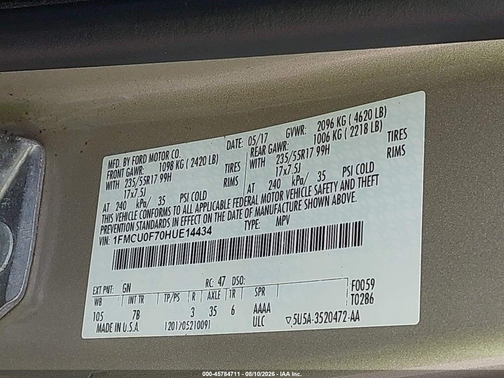 1FMCU0F70HUE14434 2017 FORD ESCAPE photo no. 9