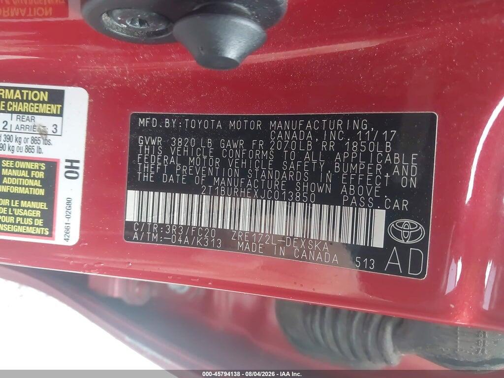 2T1BURHEXJC013850 2018 TOYOTA COROLLA photo no. 9