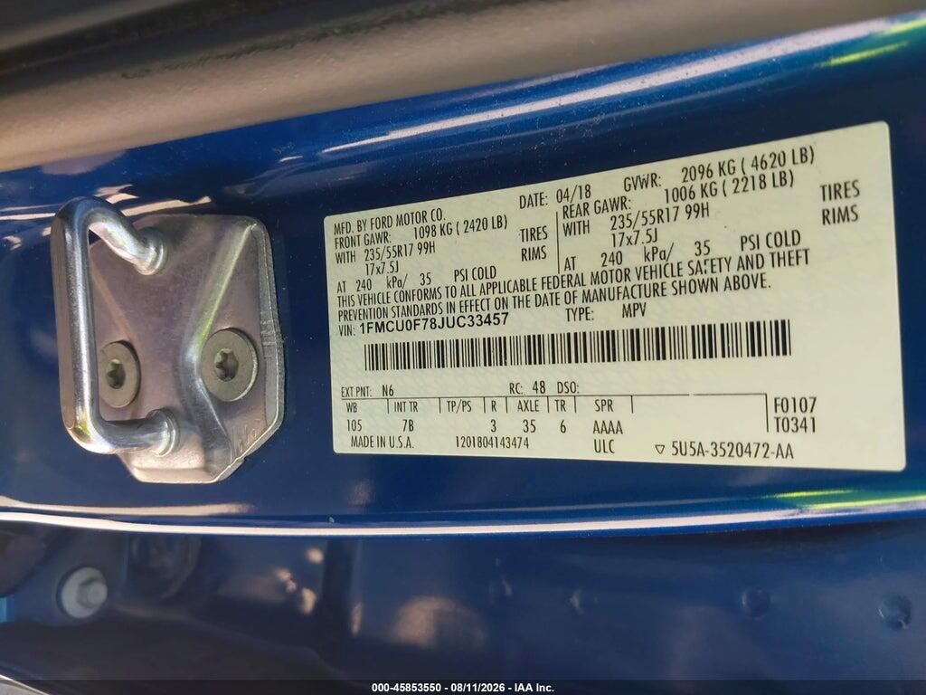 1FMCU0F78JUC33457 2018 FORD ESCAPE photo no. 9
