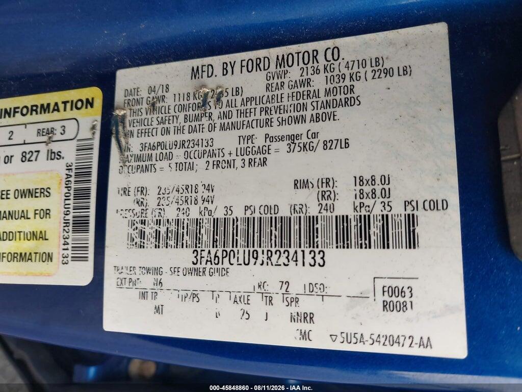 3FA6P0LU9JR234133 2018 FORD FUSION HYBRID photo no. 9