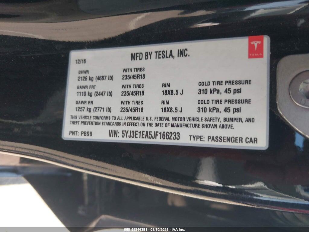 5YJ3E1EA5JF166233 2018 TESLA MODEL 3 photo no. 9