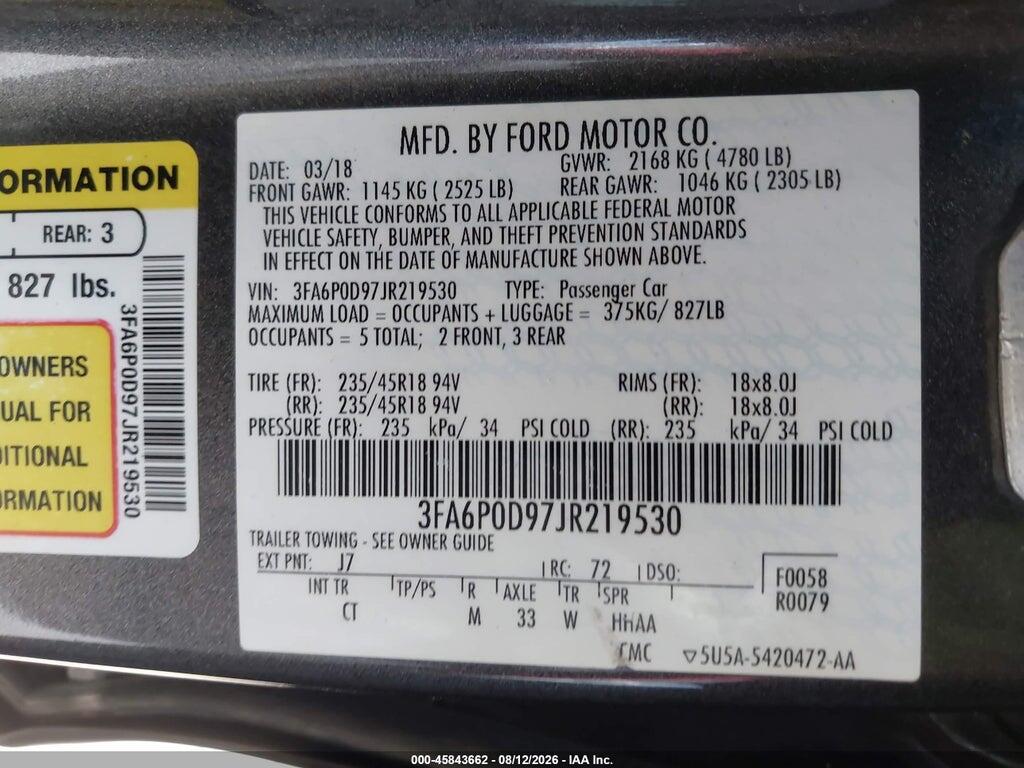 3FA6P0D97JR219530 2018 FORD FUSION photo no. 9