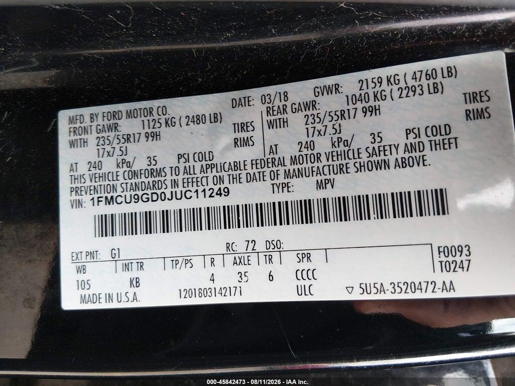 1FMCU9GD0JUC11249 2018 FORD ESCAPE photo no. 9