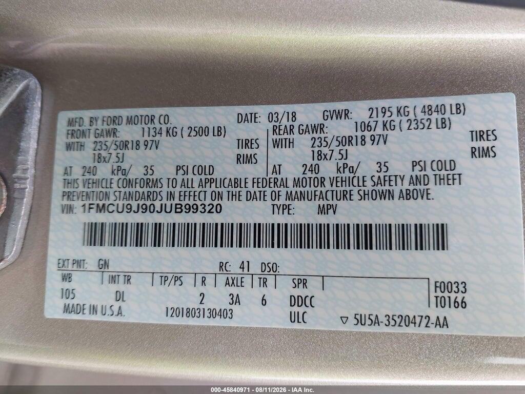 1FMCU9J90JUB99320 2018 FORD ESCAPE photo no. 9