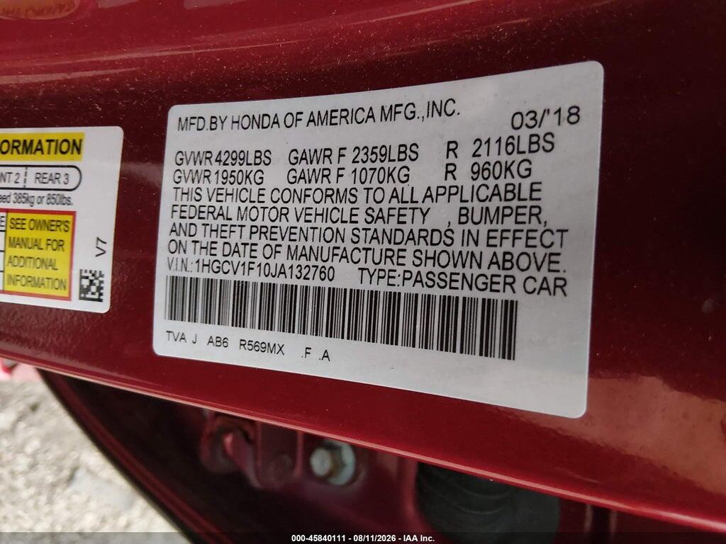 1HGCV1F10JA132760 2018 HONDA ACCORD photo no. 9