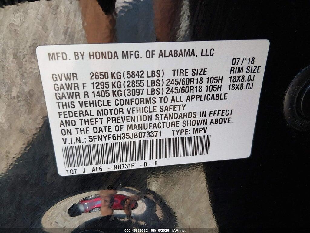 5FNYF6H35JB073371 2018 HONDA PILOT photo no. 9