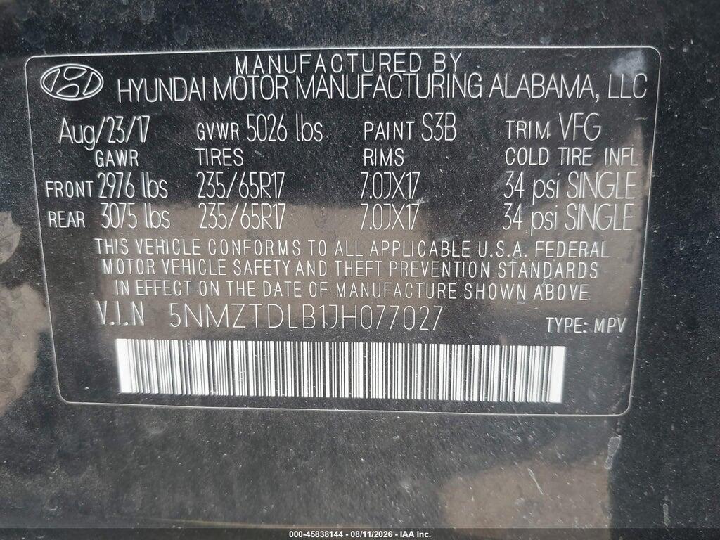5NMZTDLB1JH077027 2018 HYUNDAI SANTA FE SPORT photo no. 9