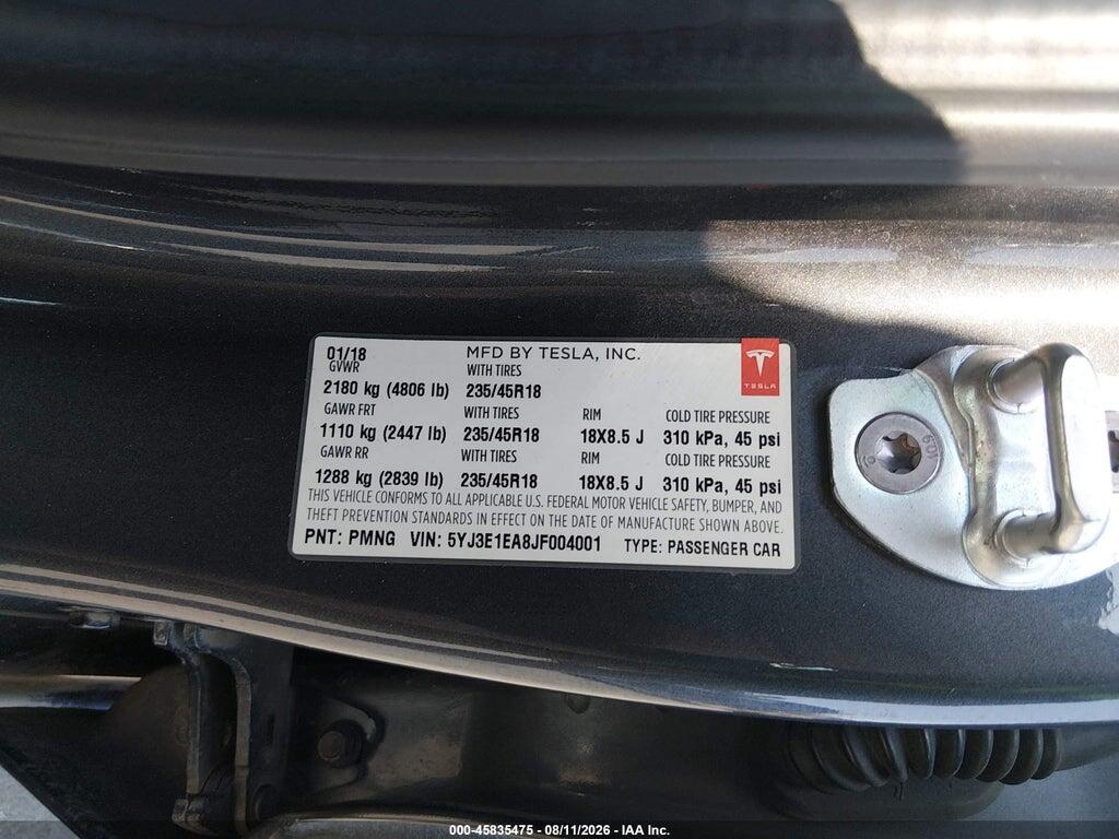 5YJ3E1EA8JF004001 2018 TESLA MODEL 3 photo no. 9