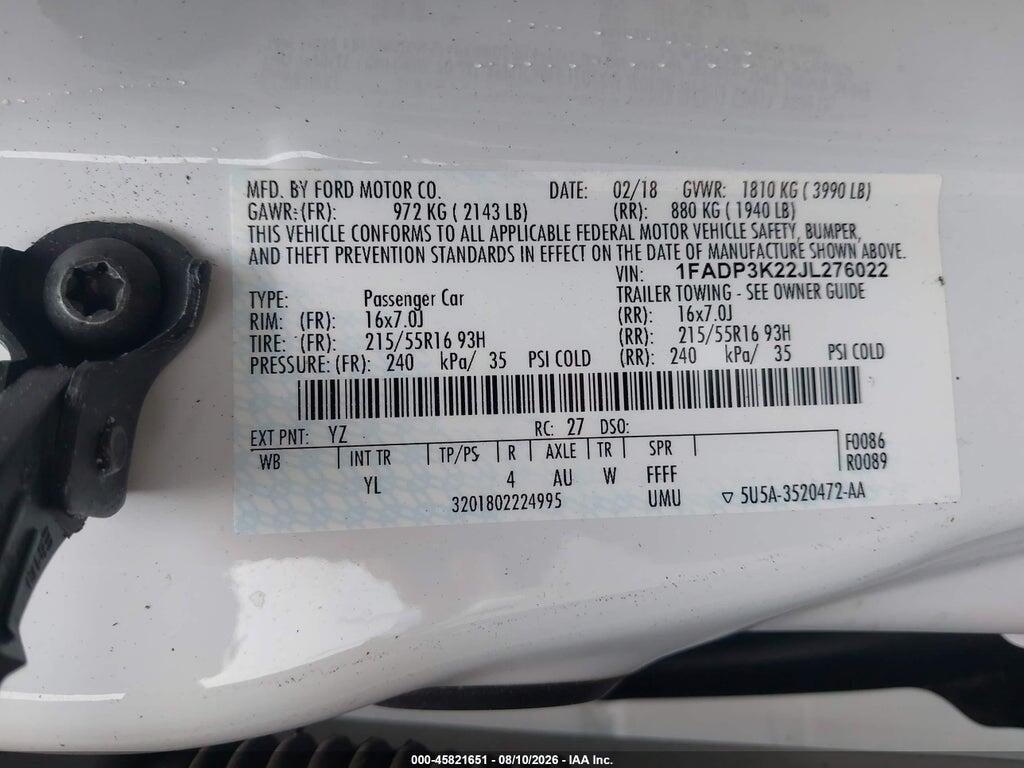1FADP3K22JL276022 2018 FORD FOCUS photo no. 9