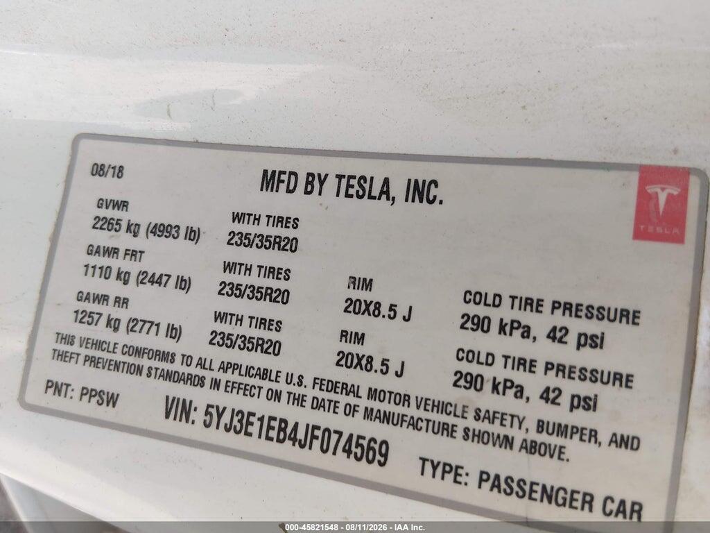 5YJ3E1EB4JF074569 2018 TESLA MODEL 3 photo no. 9