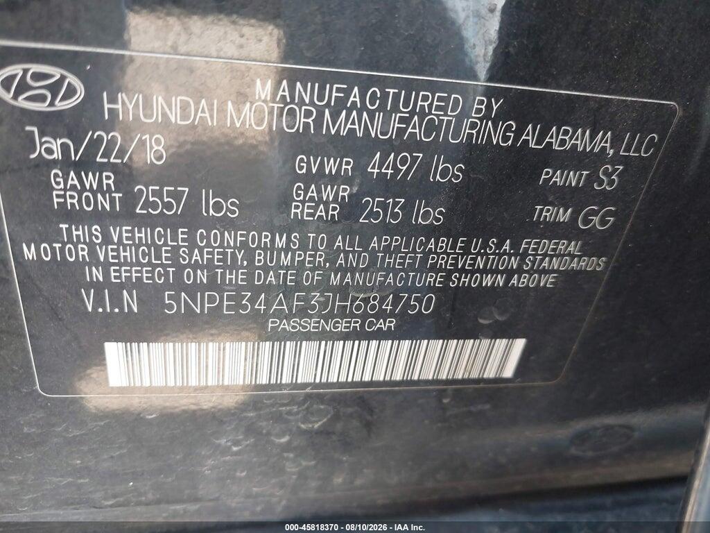 5NPE34AF3JH684750 2018 HYUNDAI SONATA photo no. 9