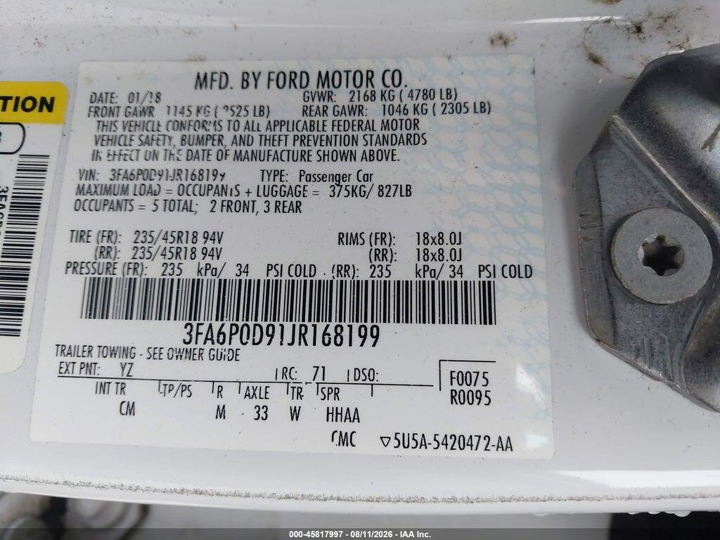 3FA6P0D91JR168199 2018 FORD FUSION photo no. 9