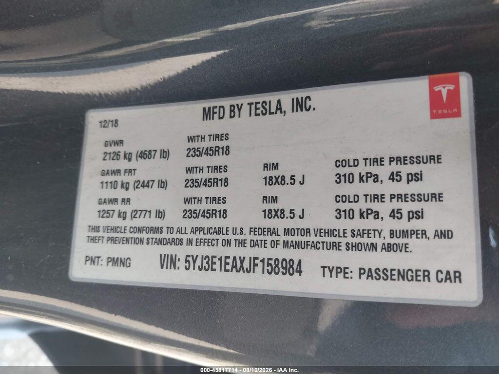 5YJ3E1EAXJF158984 2018 TESLA MODEL 3 photo no. 9