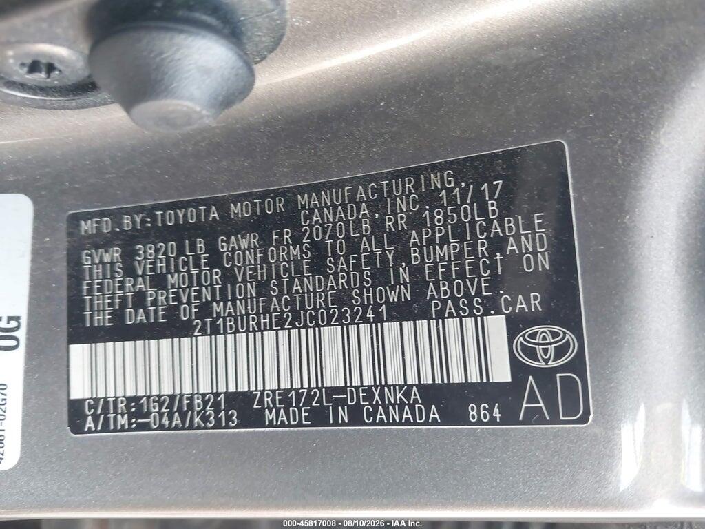 2T1BURHE2JC023241 2018 TOYOTA COROLLA photo no. 9