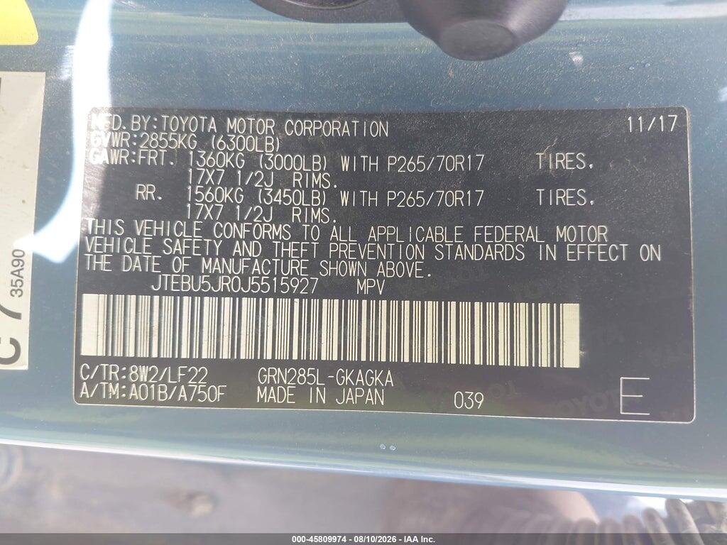 JTEBU5JR0J5515927 2018 TOYOTA 4RUNNER photo no. 9