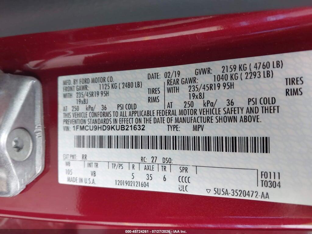 1FMCU9HD9KUB21632 2019 FORD ESCAPE photo no. 9