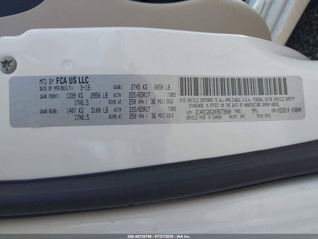 2C4RDGBG2KR673900 2019 DODGE GRAND CARAVAN photo no. 9