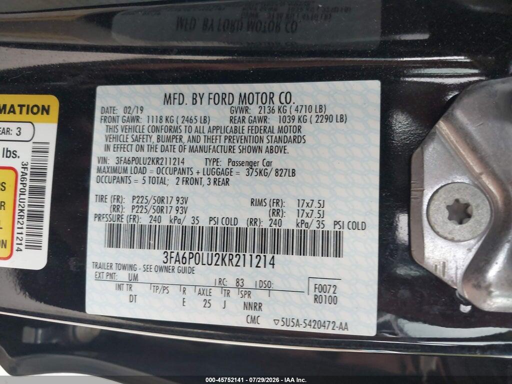 3FA6P0LU2KR211214 2019 FORD FUSION HYBRID photo no. 9