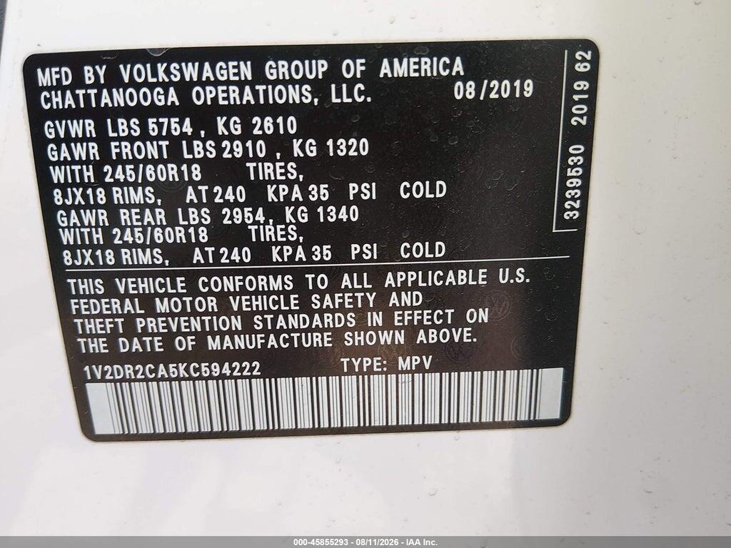 1V2DR2CA5KC594222 2019 VOLKSWAGEN ATLAS photo no. 9