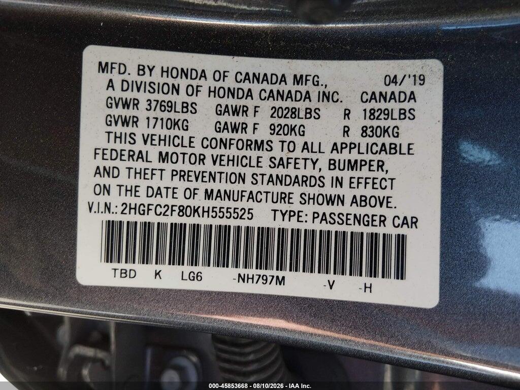 2HGFC2F80KH555525 2019 HONDA CIVIC photo no. 9