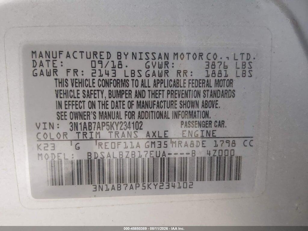 3N1AB7AP5KY234102 2019 NISSAN SENTRA photo no. 9