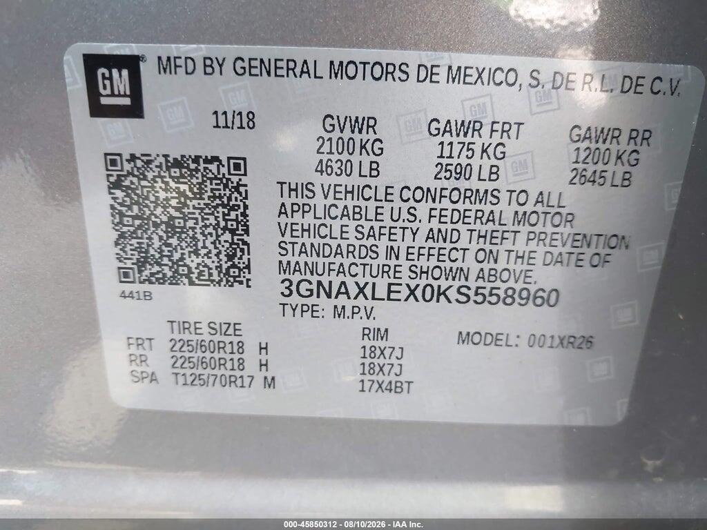 3GNAXLEX0KS558960 2019 CHEVROLET EQUINOX photo no. 9