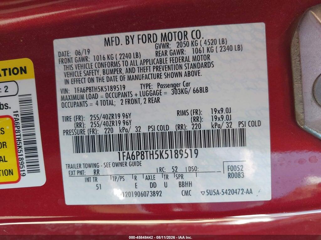 1FA6P8TH5K5189519 2019 FORD MUSTANG photo no. 9
