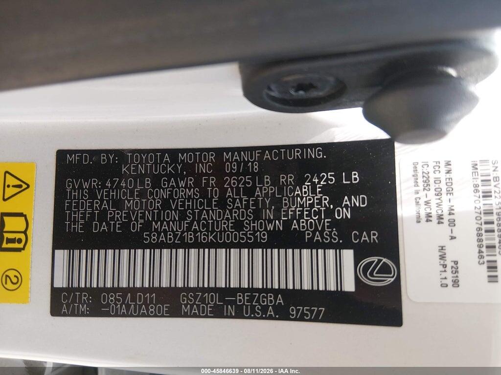 58ABZ1B16KU005519 2019 LEXUS ES 350 photo no. 9