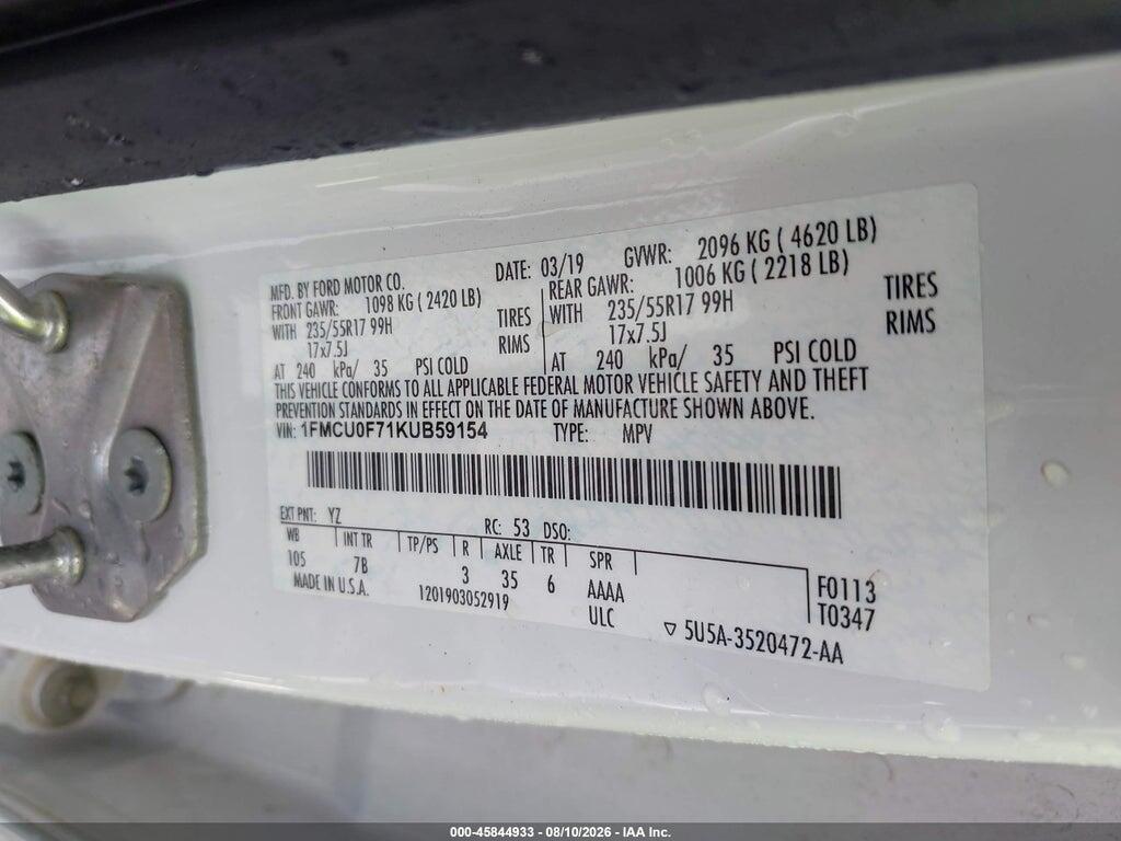 1FMCU0F71KUB59154 2019 FORD ESCAPE photo no. 9