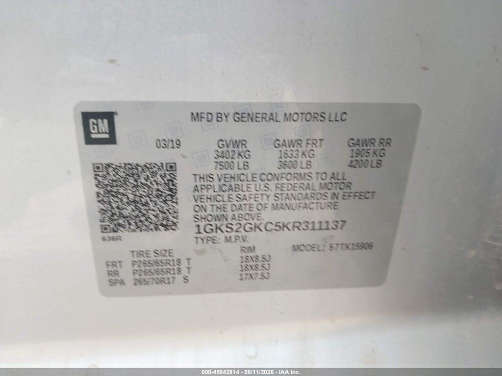 1GKS2GKC5KR311137 2019 GMC YUKON XL photo no. 9