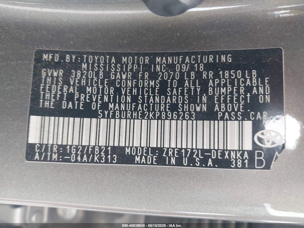5YFBURHE2KP896263 2019 TOYOTA COROLLA photo no. 9