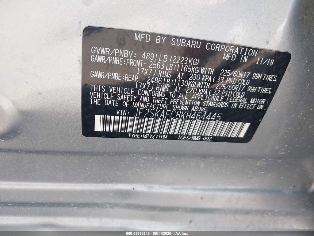 JF2SKAEC8KH464445 2019 SUBARU FORESTER photo no. 9