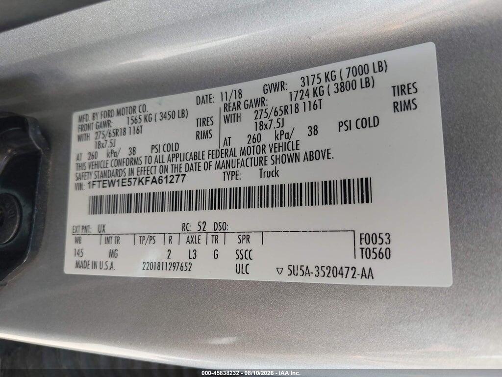 1FTEW1E57KFA61277 2019 FORD F-150 photo no. 9