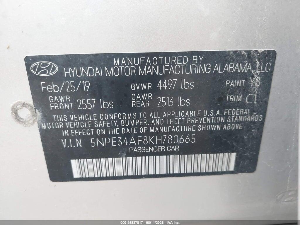 5NPE34AF8KH780665 2019 HYUNDAI SONATA photo no. 9